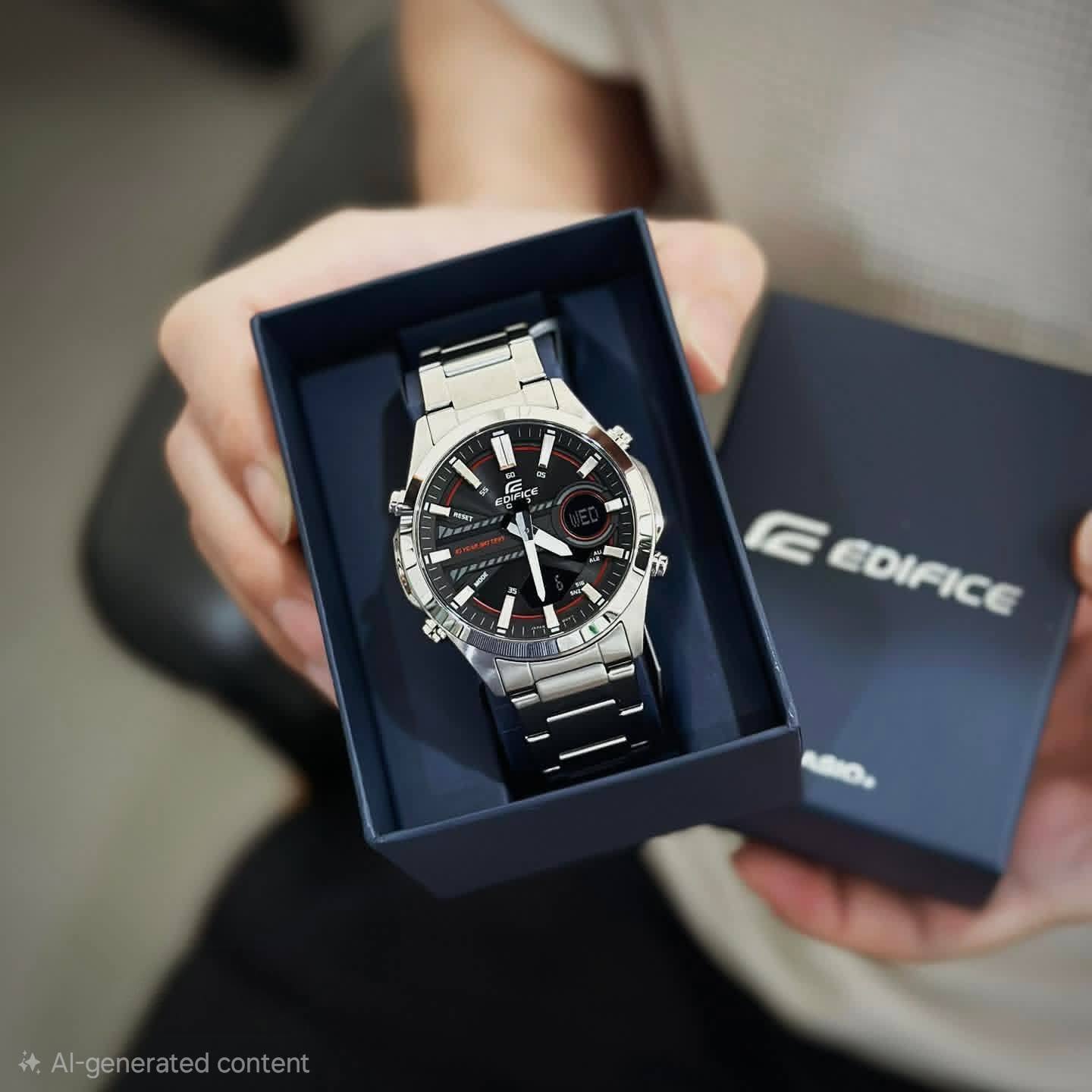 CASIO EDIFICE · Analog–Digital · ດຳ–ແດງ